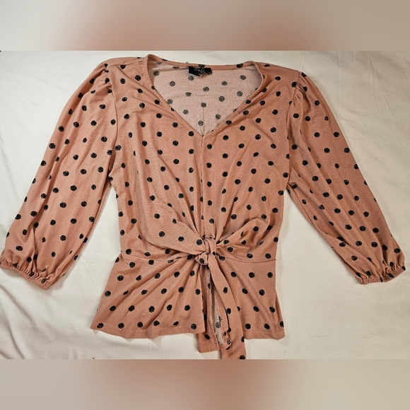 Fifty Street Tops - Fifty Street Womens Pink & Black Polka Dot 3/4 Sleeve V-Neck Top Size Medium